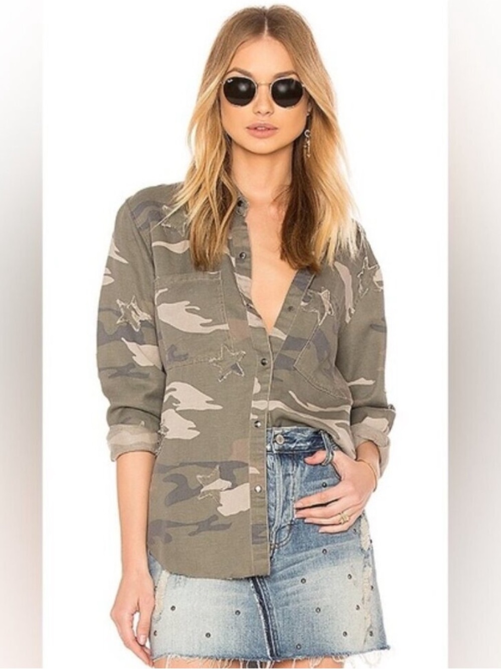 Rails Marcel Sage Camo Snap Front Linen Blend Stars Button Up Shirt Size Small